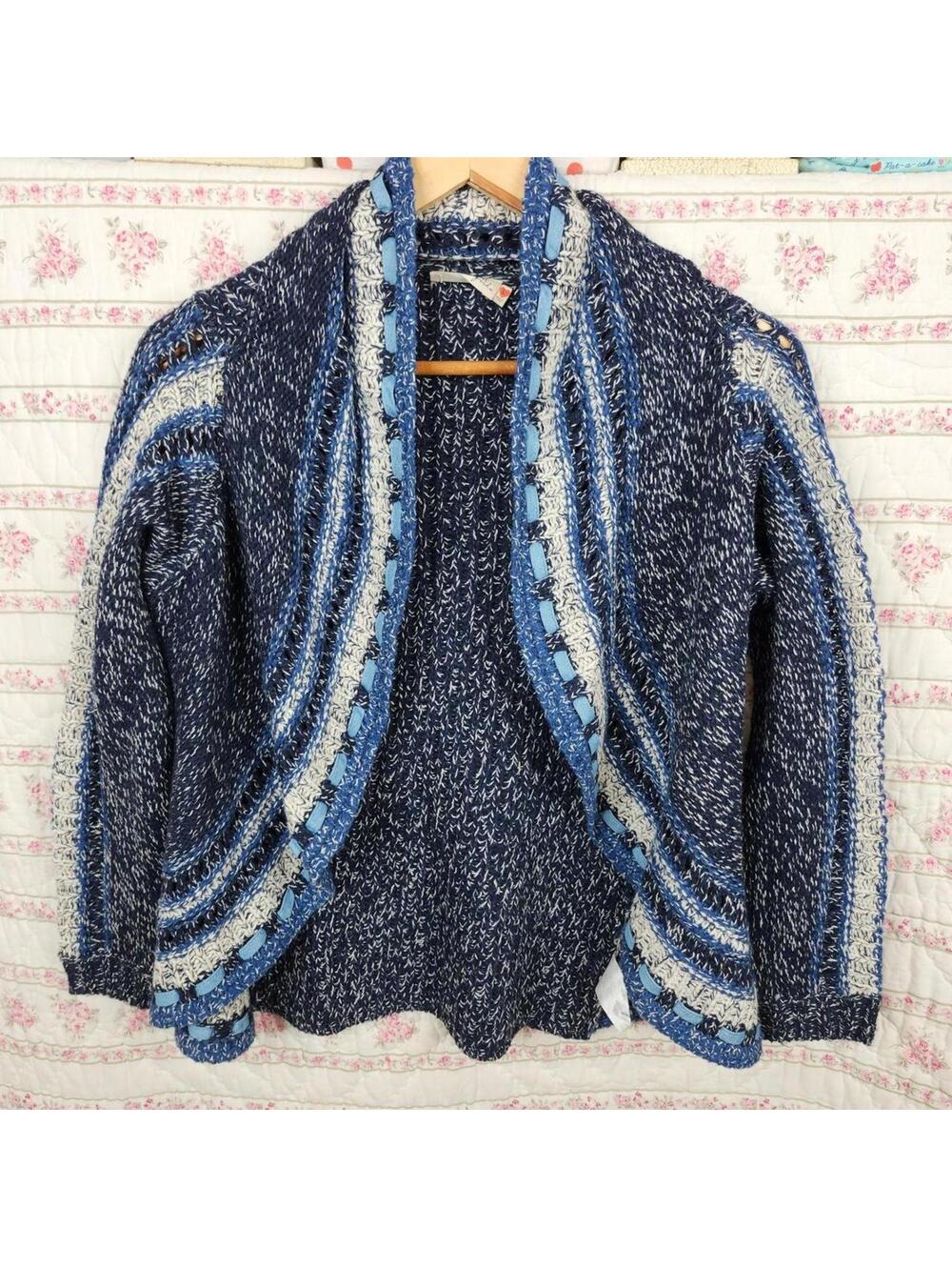 Miss Me Girls Blue White Knit Crochet Cardigan Sweater Open Front L